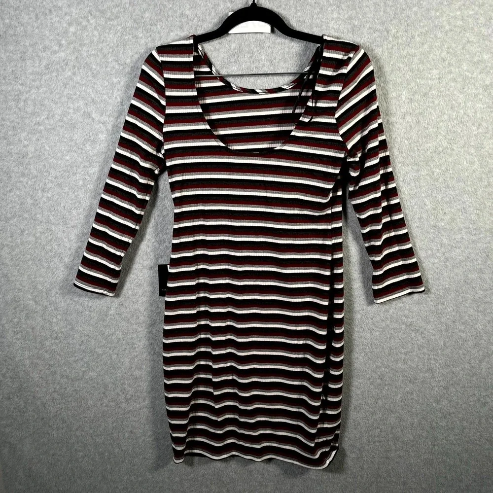 Womens‎ Sweater Dress Large Multicolor Horizontal Striped Ribbed Round Neck